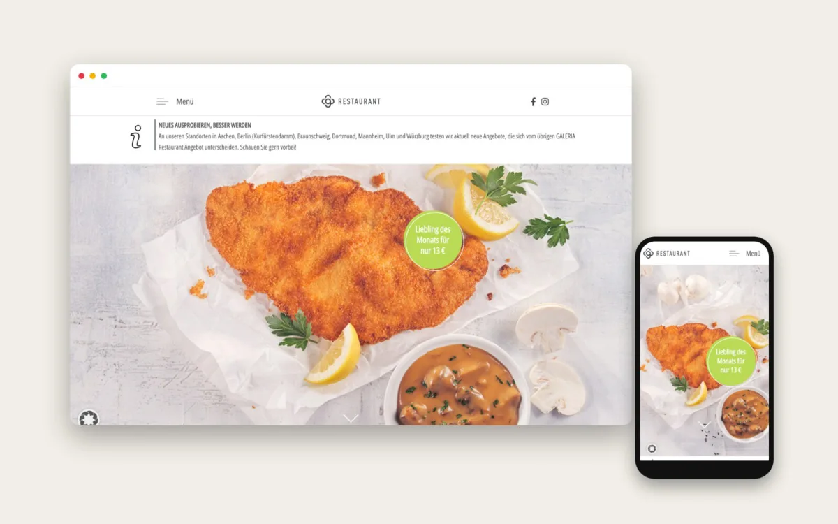 Die Website des Galeria Restaurants